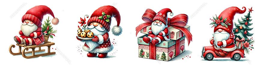 Merry Christmas gnomes, in a red hat, watercolor clipart
