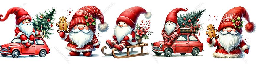 Merry Christmas gnomes, in a red hat, watercolor clipart