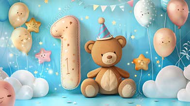 childs 1st birthday with teddy bear AI generated