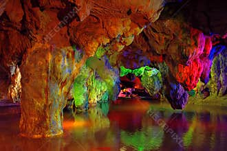 Colorful cave and lake underground, Fujian, South of China
