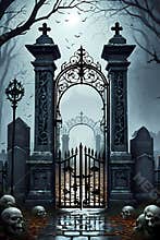 The iron gate at the entrance of a dark and spooky graveyard in midnight, with skulls, autumn leaves, horor theme