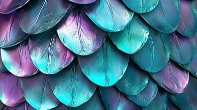 Glistening turquoise and purple feathers overlap gracefully, showcasing nature's beauty. Each feather shimmers with