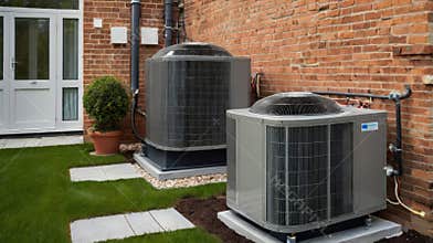 Two air conditioner compressors outside a brick house on a sunny day