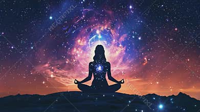 Woman meditating in cosmos, achieving peace amidst stars.