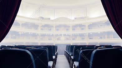 Elegant Theater Scene with Curtains Parting to Reveal Empty Velvet Seats and Grand Architecture. Concept of Performing