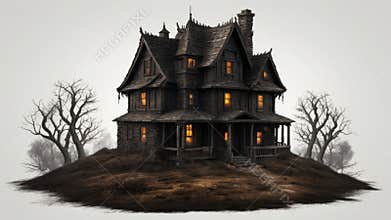 Scary haunted house surrounded by fog in a spooky forest