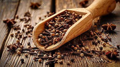 Close up of a wooden scoop filled with various spices on a rustic wooden surface