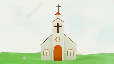 3d animation of white church with a cross