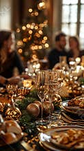 Cozy Family Christmas Dinner with Golden Decorations