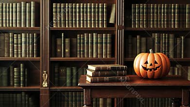 Carved halloween pumpkin is placed on a wooden table with a stack of old books, in front of a background filled with