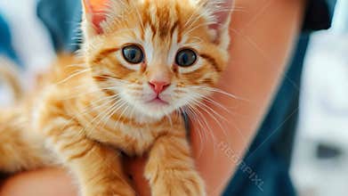 Caring vet cradles a ginger kitten during a checkup at an animal clinic, capturing a moment of love and trust