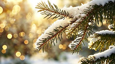 Snow covered pine tree branch glistening in the sun with golden bokeh lights in the background. This festive image