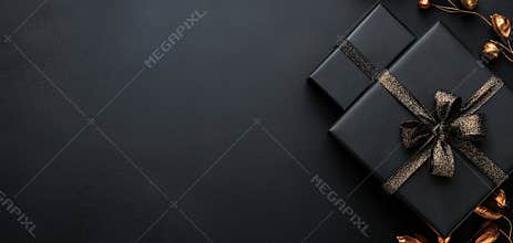 Elegant Black Friday concept with black gift box and golden accents on dark background