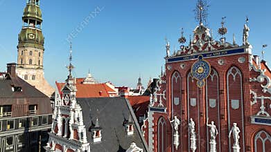Aerial view of Riga tourist center and Melngalvju nams Blackheads House on a summer day, Latvia