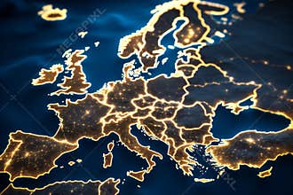 Glowing Yellow Map of Europe Showing Major Cities and Borders