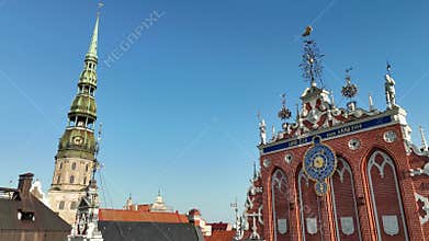 Aerial view of Riga tourist center and Melngalvju nams Blackheads House on a summer day, Latvia