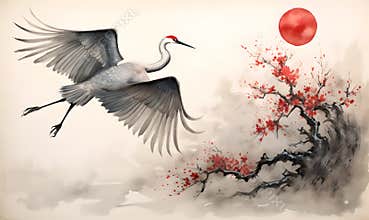A Common crane flies over the landscape at sunset. Japan traditional sumi-e.