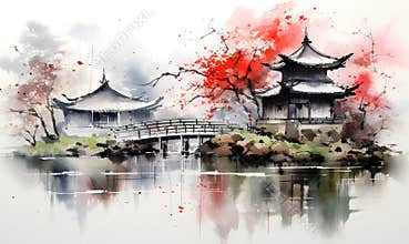 The theme of the Japanese painting includes a picturesque rural landscape with traditional wooden buildings