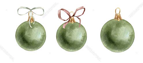 Decorating Christmas tree ball watercolor illustration. Hand drawn winter season and new year clipart, round retro toys for family