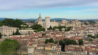 View of Avignon with Palais des Papes during sunset in Southern France. Medieval architecture along the Rhone River in Avignon,
