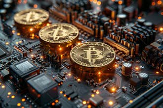 Bitcoin golden coins on computer circuit board the future of digital currency and technology