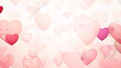 Multitude of pink and red hearts of different shades are floating on a white background, creating a romantic and
