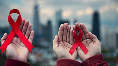World AIDS Day, Red ribbon in womanâ€™s hands with blank space 1