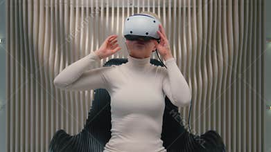 Caucasian woman futuristic space wear helmet VR glasses female girl player gamer wearing AR goggles shock amaze vision