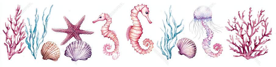 A set of sea animals set with blue watercolor ocean fish and coral. Illustrations of jellyfish and starfish.