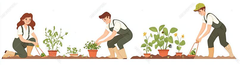 The modern people gardening in their garden. A man and a woman are planting fruit and flowers. An assortment of