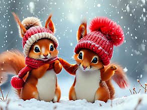 Adorable Squirrels in Winter Hats and Scarves Enjoying a Snowy Winter Day