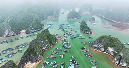 Aerial view of Cai Beo floating village in Lan Ha Bay, Vietnam.