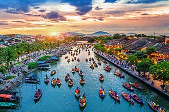 Aerial view of Hoi An ancient town at twilight, Vietnam