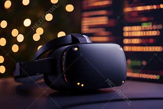 virtual reality programming, a vr headset surrounded by colorful coding books and glowing leds creates an immersive