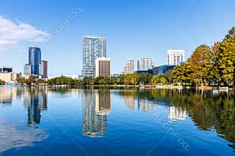 Orlando skyline at Lake Eola Park downtown in fall season in Florida in the United States