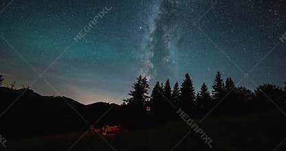 A group of friends sitting by a fire under the starry night sky with milky way galaxy Time lapse
