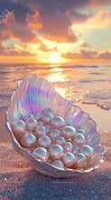 Iridescent shell with clustered pearls at sunset beach