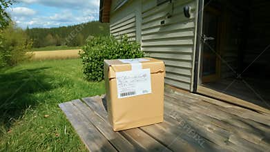 A parcel in a cardboard box on the doorstep of a simple village house.