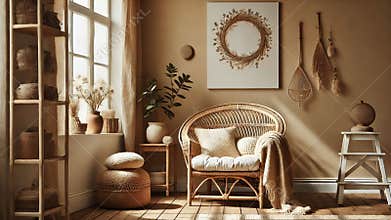 empty wall space in a boho living room with cozy seating