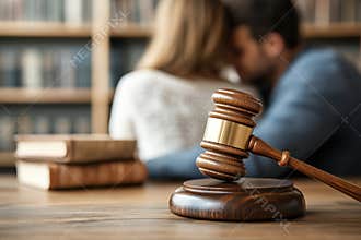 Couple embracing in a library setting with a gavel symbolizing justice in the foreground