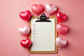 a clipboard with a blank sheet of paper clipped to it, placed on a pink background. heart-shaped balloons in shades of