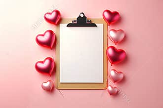 a clipboard with a blank sheet of paper attached to it. Surrounding pink heart-shaped balloons, The background is pink