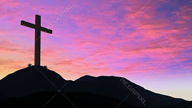 Silhouetted cross on hillside