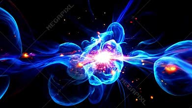 Scientific concept of depicting the fusion of two atoms. Sci-fi background. Quantum physics. Generative AI