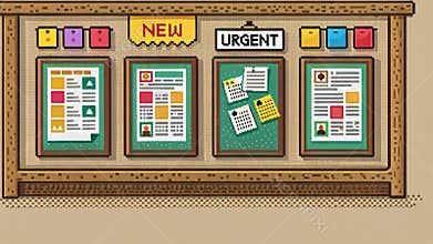 System Announcements Board A bulletin board covered with pixelated announcements all related to events and updates. Each