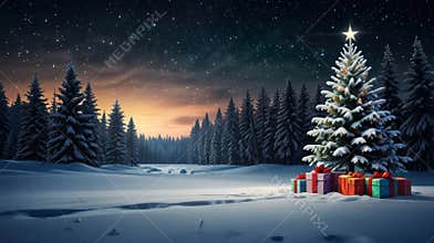 Christmas tree with gifts illuminating snowy forest at night
