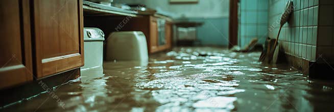Flooded kitchen interior with water covering the floor in a modern home