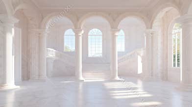 Elegant marble hall with grand staircase and arched windows capturing natural light