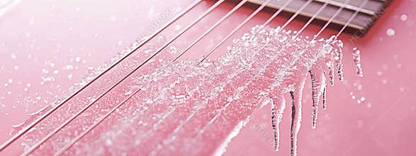 Icicledecorated guitar strings on pastel pink background
