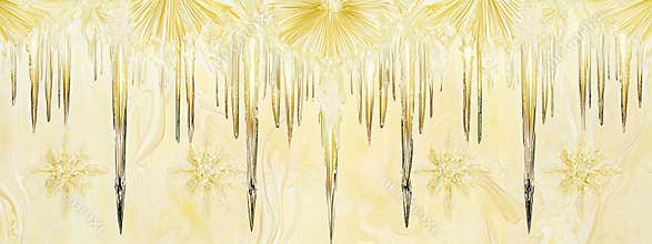 Elegant art deco border with icicles and snowflakes on yellow
